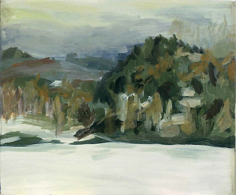 MacDonald Lake (plein air sketch) by Rebecca Dufton, 12 x 10 inches, acrylic on canvas