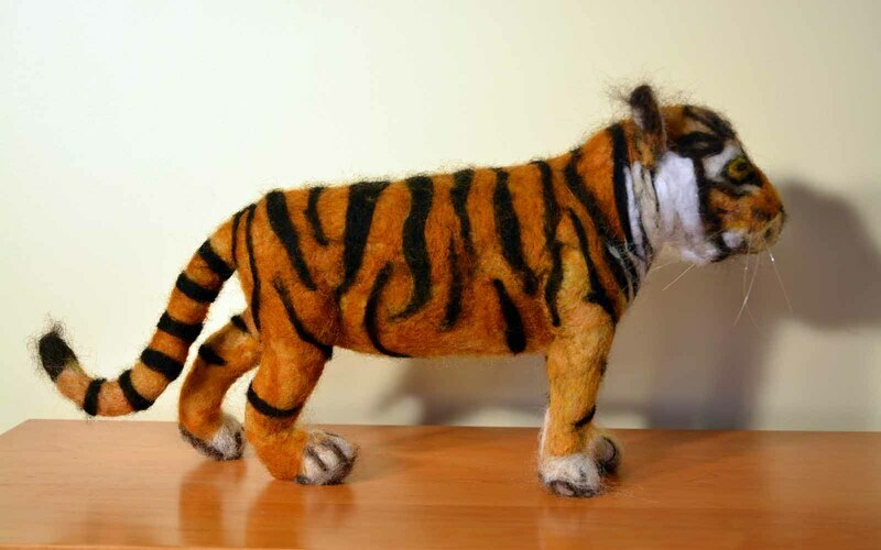 Tiger by Rebecca Dufton, 9 inches tall, wool roving on wire armature