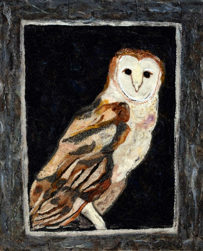 Barn Owl by Rebecca Dufton, 26 x 32 inches, needle felt and handstitching on linen