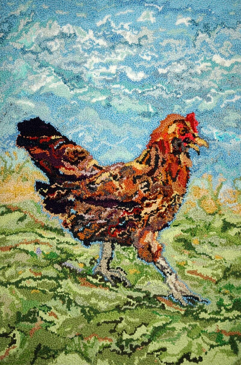 Little Red Hen by Rebecca Dufton, 16.5 x 25 inches, mixed fibers on monk's cloth