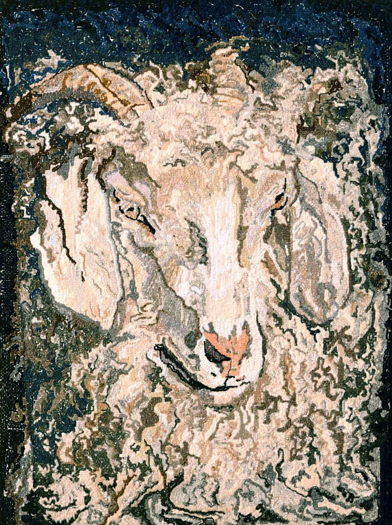 Angora Goat by Rebecca Dufton, 20.5 x 27 inches, Reversed hooked rug with handstitching and needlefelting